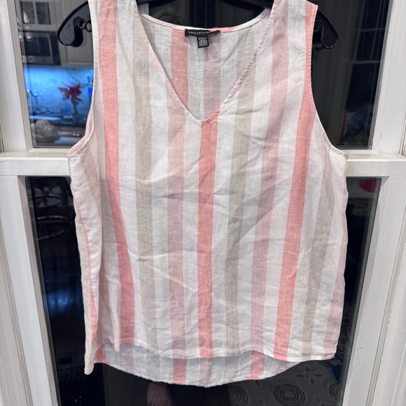 Saks Fifth Avenue 100% Linen Top V-Neck Stripes Pink , White, Taupe Size M - Picture 9 of 9